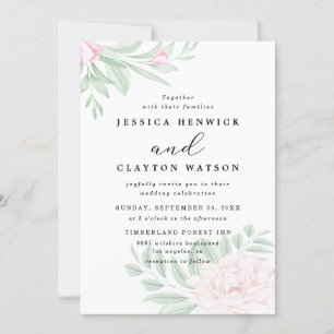 Minimal Blush Pink Rose Floral Eucalyptus Wedding Invitation