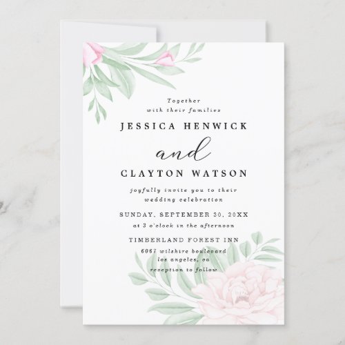 Minimal Blush Pink Rose Floral Eucalyptus Wedding Invitation
