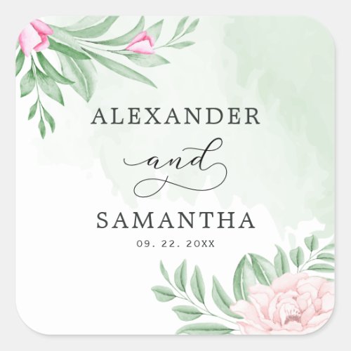 Minimal Blush Pink Rose Floral Eucalyptus Wedding Square Sticker