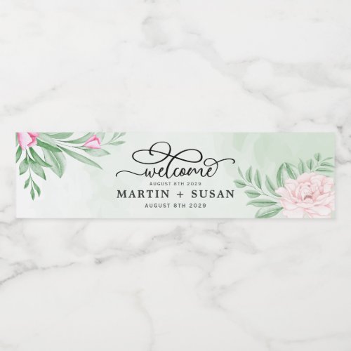 Minimal Blush Pink Rose Floral Eucalyptus Wedding Water Bottle Label