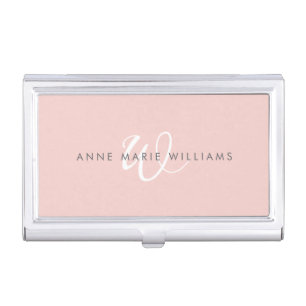 Minimal Blush Pink White Script Monogram Business Card Case