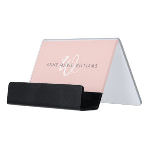Minimal Blush Pink White Script Monogram Desk Business Card Holder