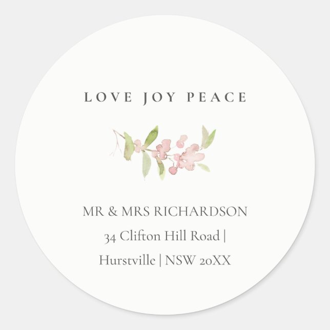 MINIMAL BLUSH ROSE PINK LOVE PEACE JOY ADDRESS CLASSIC ROUND STICKER (Front)