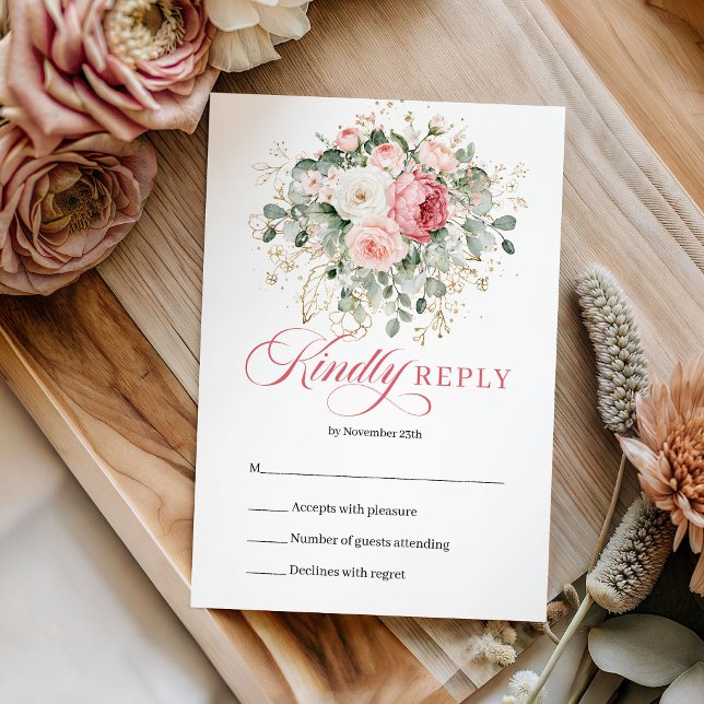 Minimal Blush Roses Greenery Gold Wedding RSVP   Card (Minimal Blush Roses Greenery Gold Wedding RSVP Card)