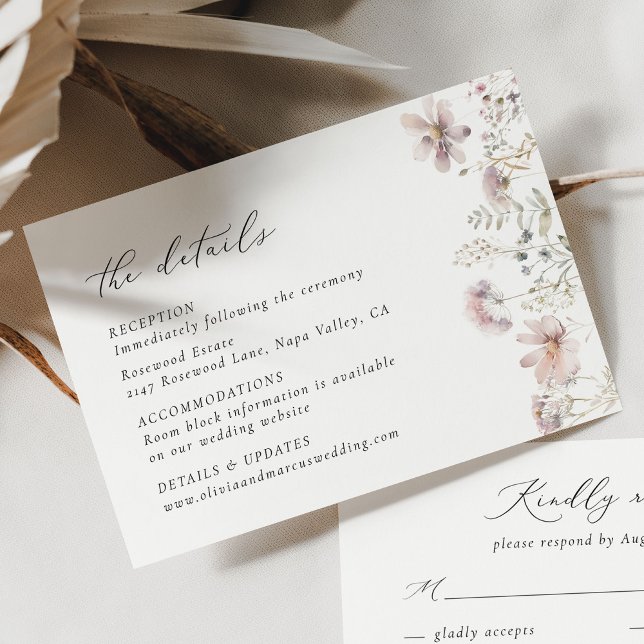 Minimal Blush Wildflower Wedding Details Enclosure Card (Boho garden wedding details insert featuring soft blush flowers and refined editorial typography)