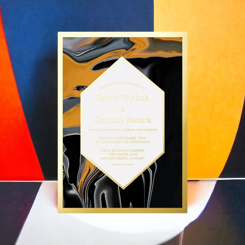 Minimal Bohemian Black Gold Artsy Abstract Wedding Foil Invitation