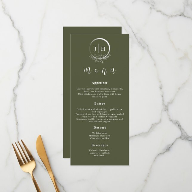 Minimal Bohemian Olive Green Wedding Menus (Front/Back In Situ)