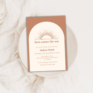 Minimal Boho Arch Here Comes The Son Baby Shower Invitation