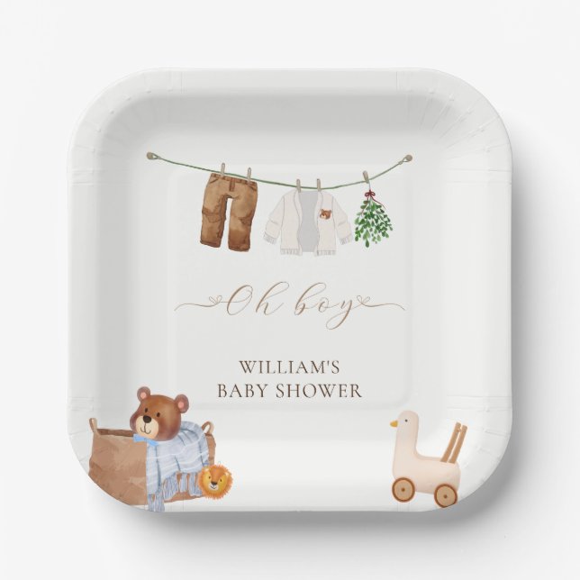 Minimal Boho Boy Clothes Baby Shower Paper Plates (Front)