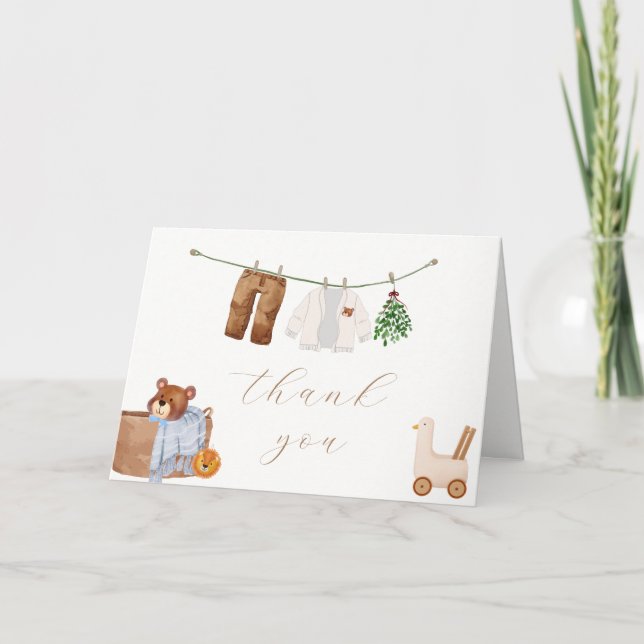 Minimal Boho Boy Clothes Baby Shower Thank You Card (Front)