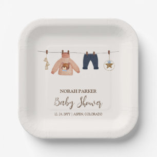 Minimal Boho Boy Winter Clothesline Baby Shower Paper Plates