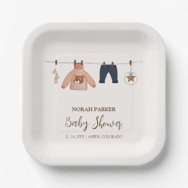 Minimal Boho Boy Winter Clothesline Baby Shower  Paper Plates (Front)