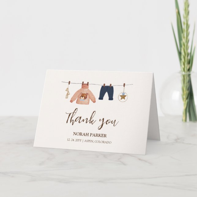 Minimal Boho Boy Winter Clothesline Baby Shower  Thank You Card (Front)
