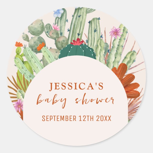 Minimal Boho Cactus Arch Desert Pampas Baby Shower Classic Round Sticker (Front)