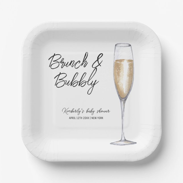 Minimal Boho Champagne Brunch Bubbly Baby Shower  Paper Plates (Front)