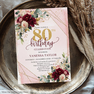 Minimal Boho Deep Red Gold Flowers 80th Birthday Invitation