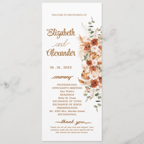 Minimal Boho Fall Bright Terracotta Pampas Wedding Program