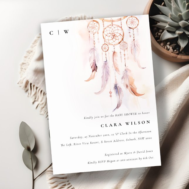 Minimal Boho Feather Dreamcatcher Baby Shower Invitation (Creator Uploaded)