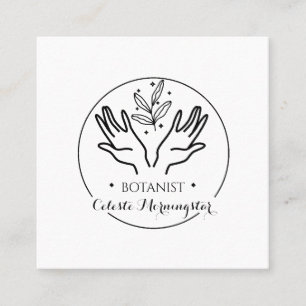 Minimal Boho Hand & Leaves Botanist Logo Square Bu Square Business Card