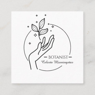 Minimal Boho Hand & Leaves Botanist Logo Square Business Card