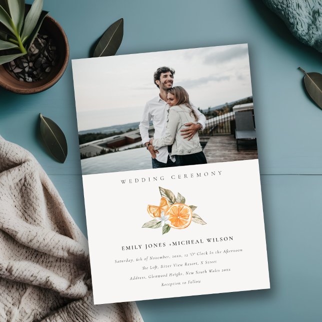 Minimal Boho Orange Foliage Photo Wedding Invite (Creator Uploaded)