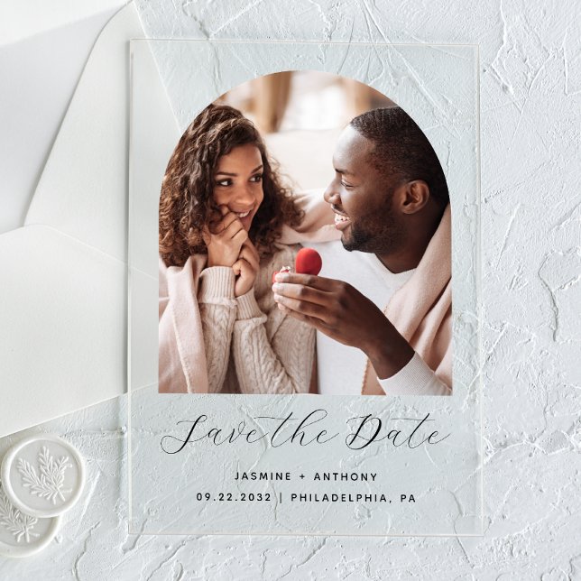 Minimal Boho Photo Arch Black Script Save the Date Acrylic Invitations (Creator Uploaded)