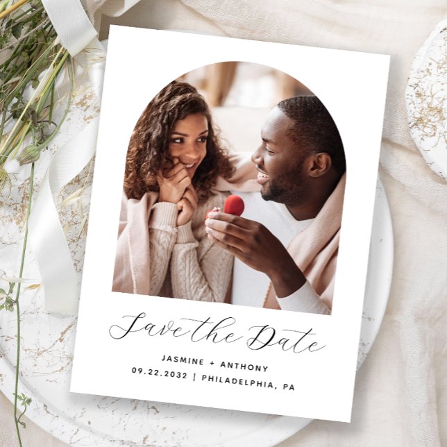 Minimal Boho Photo Arch Black White Save the Date Postcard (Creator Uploaded)