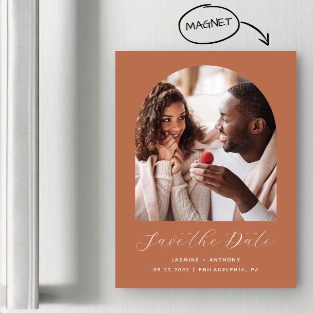 Minimal Boho Photo Arch Terracotta Save the Date Magnetic Invitation (Creator Uploaded)