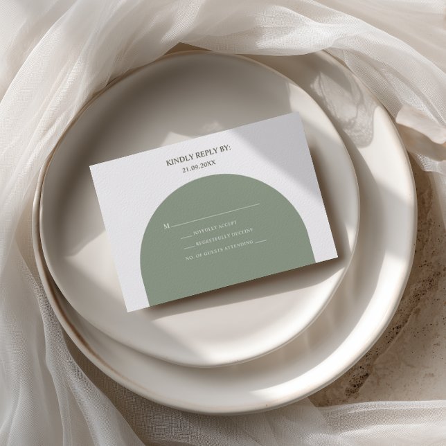 Minimal Boho Retro Sage Green Arch Wedding RSVP Card (Creator Uploaded)