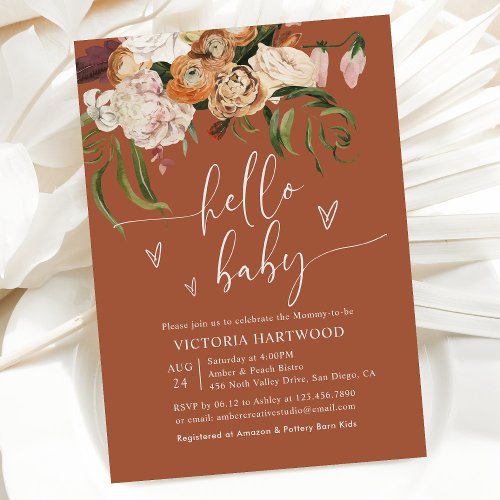 Minimal Boho Terracotta Fall Florals Baby Shower Invitation
