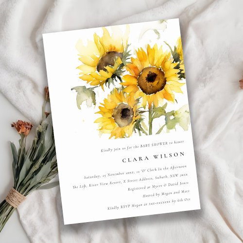 Minimal Boho Watercolor Sunflower Baby Shower Invitation