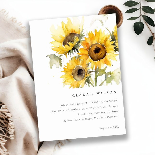 Minimal Boho Watercolor Sunflower Rustic Wedding Invitation (Creator Uploaded)