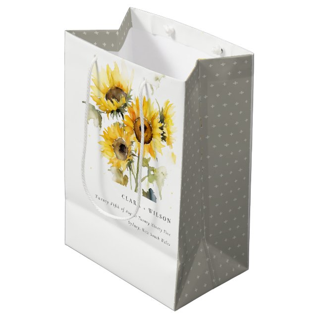 Minimal Boho Watercolor Sunflower Rustic Wedding Medium Gift Bag (Front Angled)
