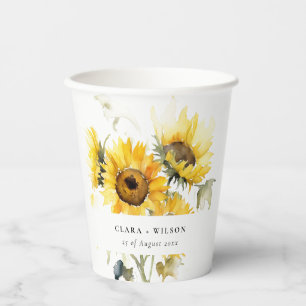 Minimal Boho Watercolor Sunflower Rustic Wedding Paper Cups