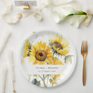 Minimal Boho Watercolor Sunflower Rustic Wedding Paper Plates