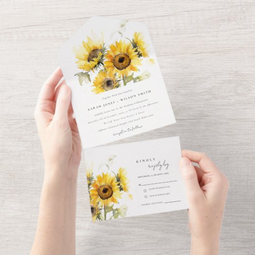 Minimal Boho Watercolor Sunflower Wedding All In One Invitation