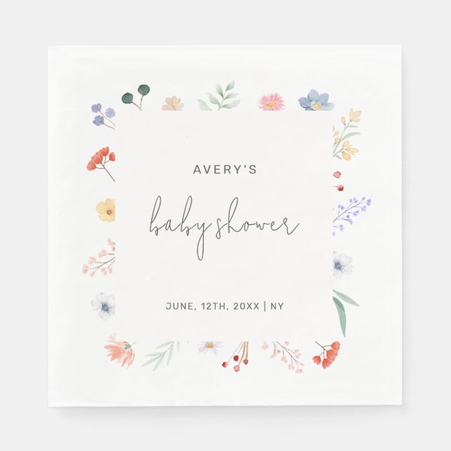 Minimal Boho Wildflower Frame Baby Shower  Napkins (Front)