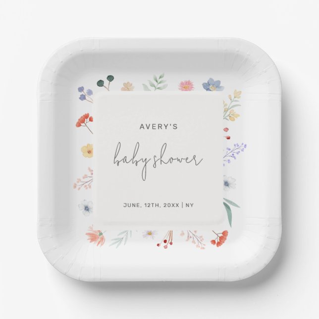 Minimal Boho Wildflower Frame Baby Shower  Paper Plates (Front)