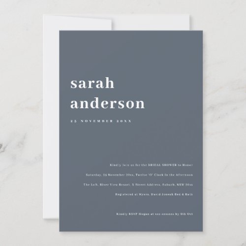 Minimal Bold Grey Blue Typography Bridal Shower Invitation