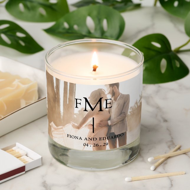 Minimal Bold Monogram Photo Modern Wedding Scented Candle (Lit)