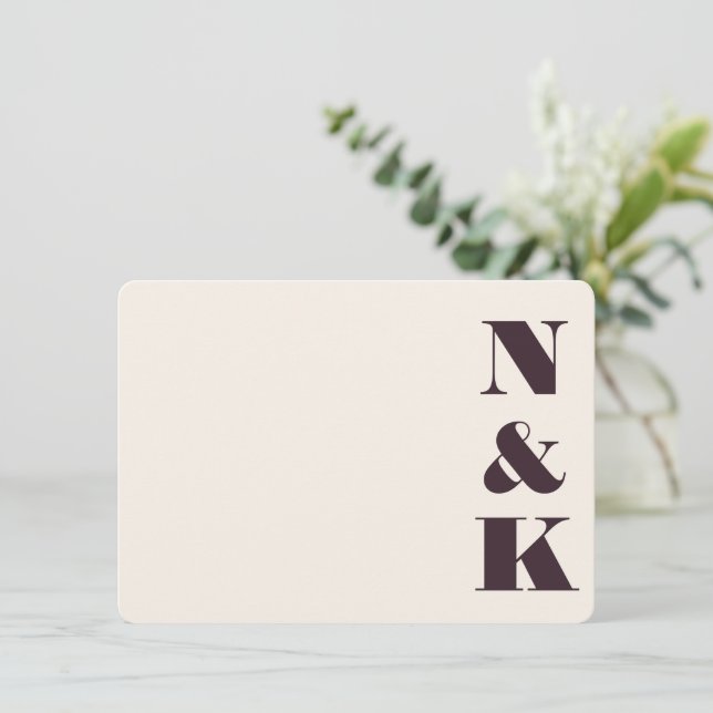 Minimal Bold Monogram Winter Plum Wedding Names Note Card (Standing Front)