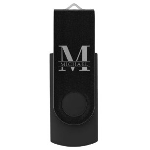 Minimal Bold Monogram with Name Black Flash Drive
