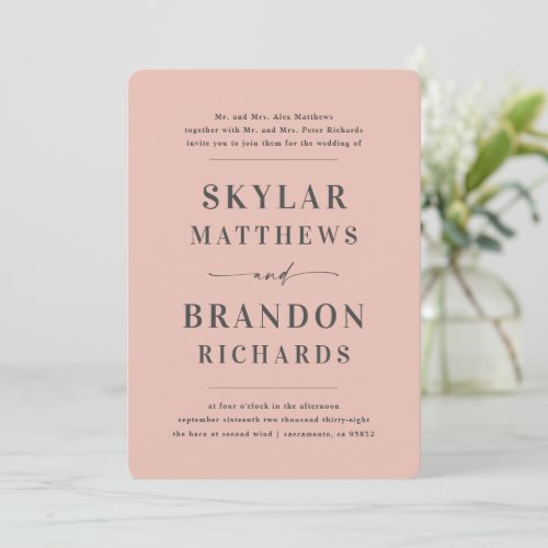 Minimal Bold Names Blush Pink Simple Wedding Invitation