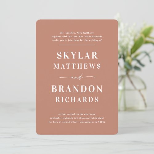 Minimal Bold Names Clay Terracotta Wedding Invitation