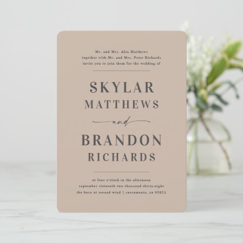 Minimal Bold Names Taupe Beige Simple Wedding Invitation