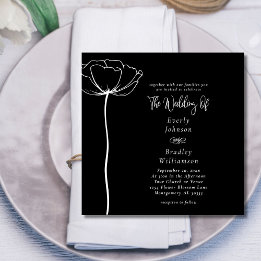 Minimal Bold Square White Floral Black Wedding Invitation