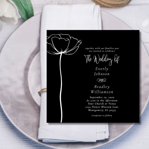 Minimal Bold Square White Floral Black Wedding  Invitation