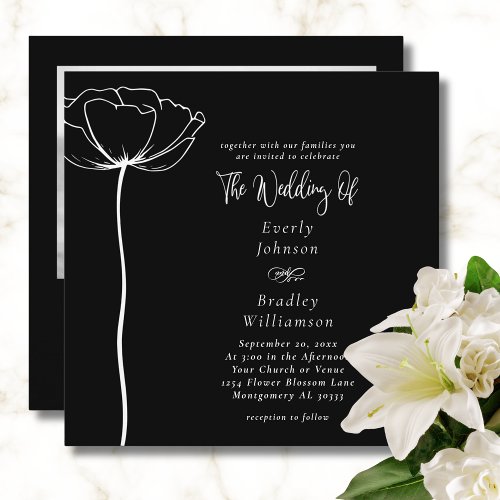 Minimal Bold Square White Floral Black Wedding  Invitation