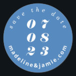Minimal Bold Wedding Date Save the Date Blue Classic Round Sticker<br><div class="desc">Modern and minimal bold retro style blue save-the-date stickers. The design features an arch text design with the wedding date displayed in large bold font.</div>