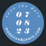 Minimal Bold Wedding Date Save the Date Blue Classic Round Sticker<br><div class="desc">Modern and minimal bold retro style blue save-the-date stickers. The design features an arch text design with the wedding date displayed in large bold font.</div>